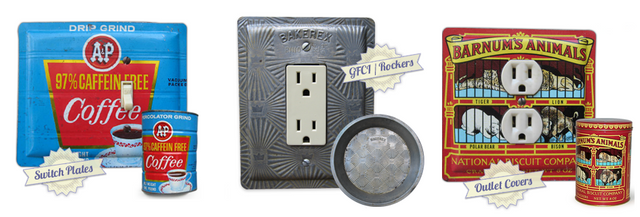Switch Plates And Outlet Covers Made From Advertising Tins And Baking Pans