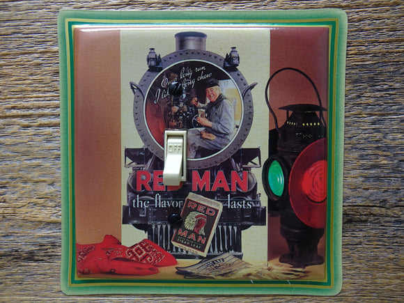 Light Switch Cover Made From A Red Man Tobacco Tin Railroad Theme